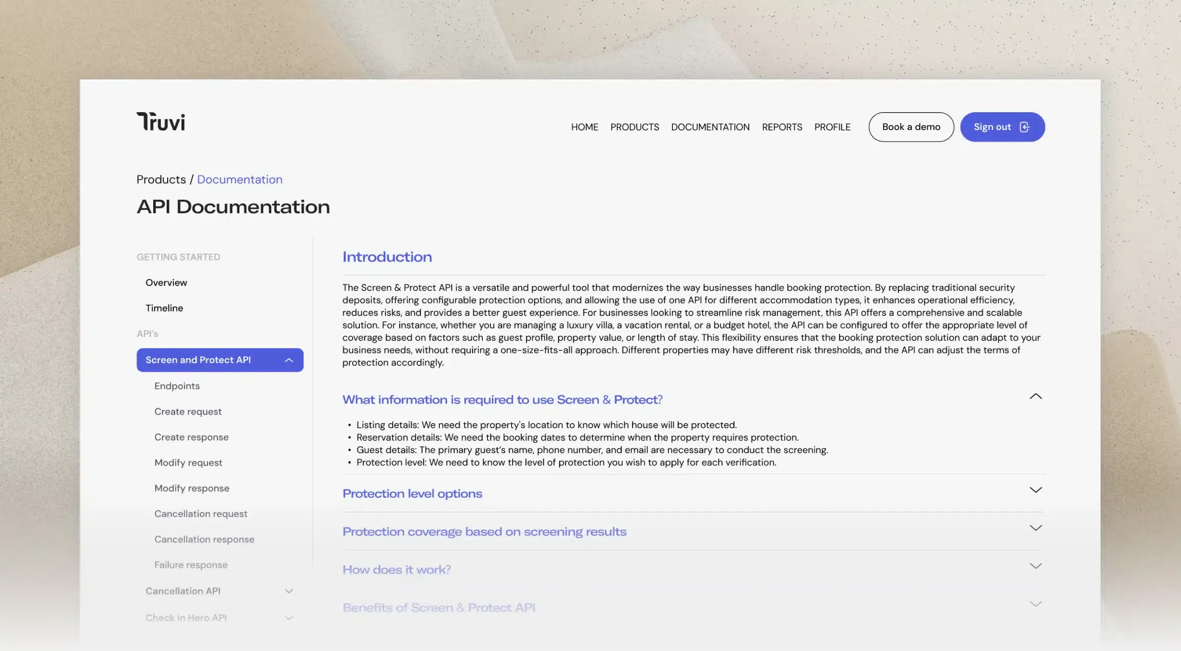 The truvi developer portal: API reference with code samples alongside the documentation