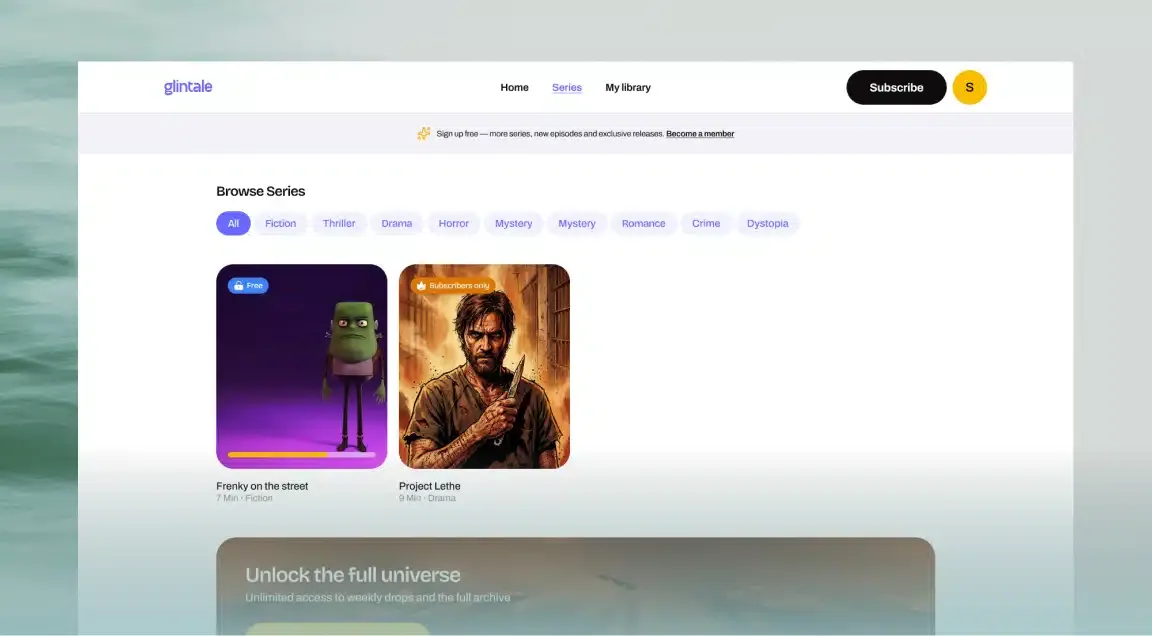 The glintale reading interface with story series and progress