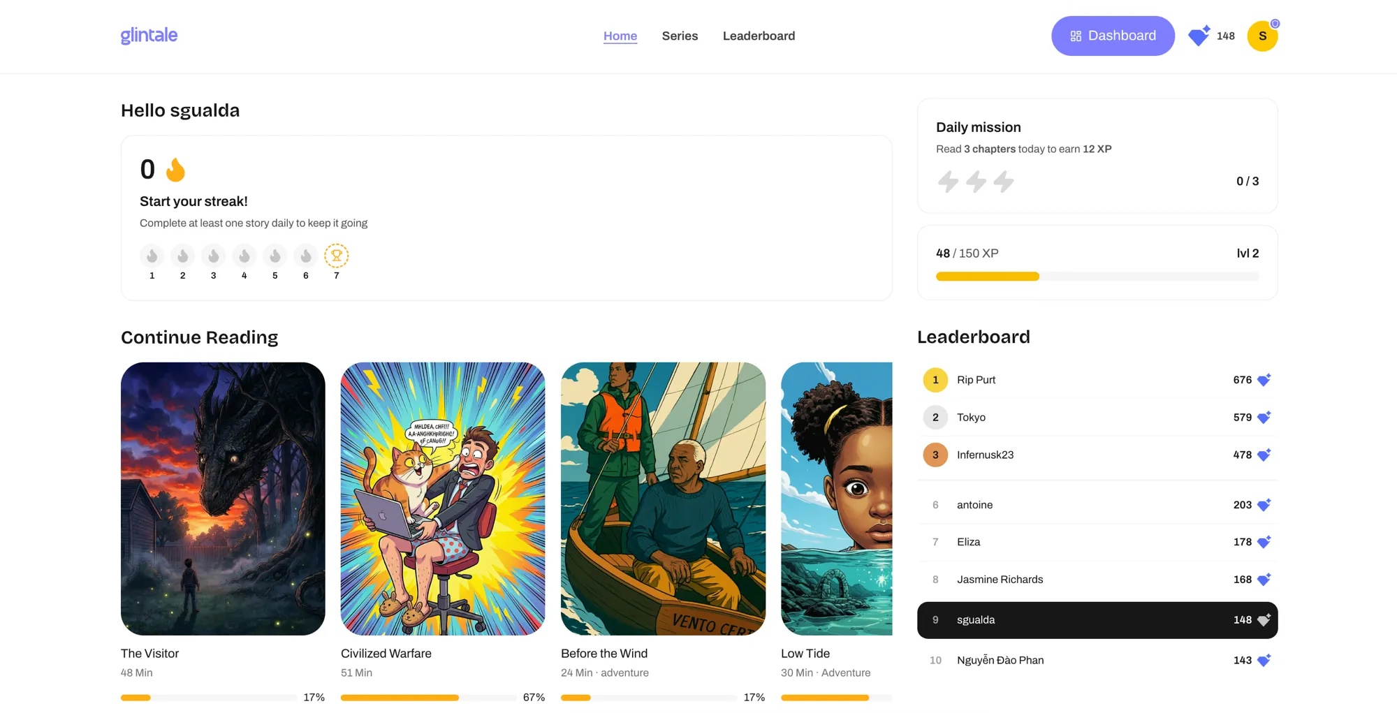 The glintale home screen: streak, daily mission, continue reading and leaderboard