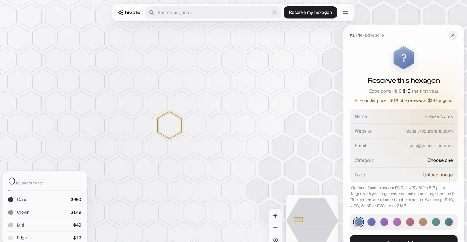 Reservar un hexágono: nombre, web, categoría, logo y color
