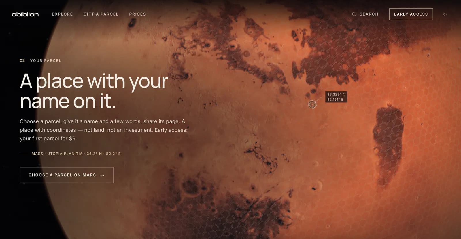 Una parcela en Utopia Planitia, con coordenadas