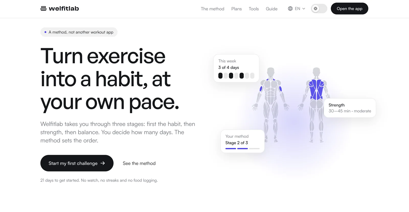 Welfitlab home: "Turn exercise into a habit, at your own pace"