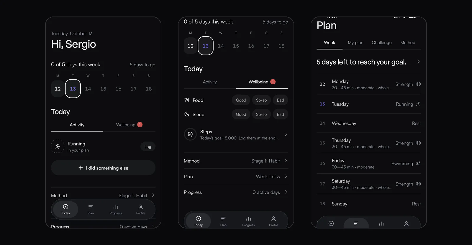 The app on a phone: today, how you ate and slept, and the plan for the week