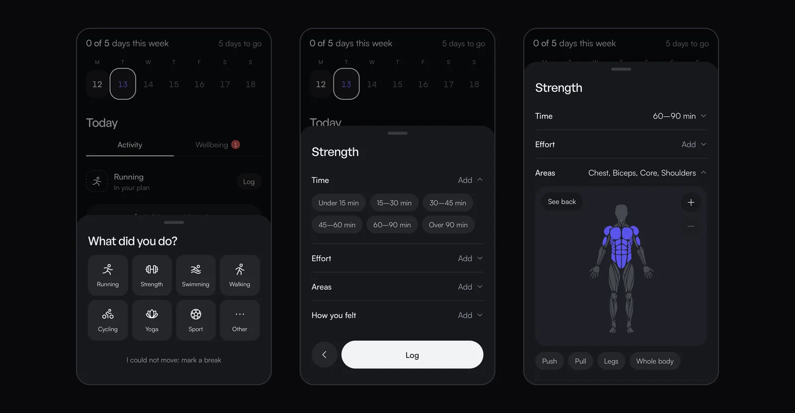 Logging a session: what you did, for how long and the areas of the body you worked